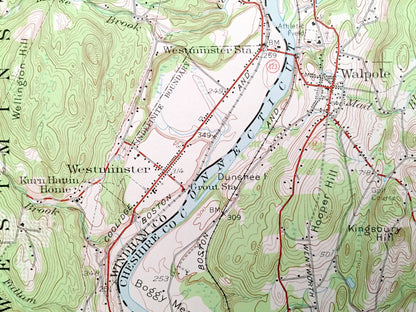 Antique Bellows Falls, Vermont & New Hampshire 1957 US Geological Survey Topographic Map – Walpole, Rockingham, Charlestown, Gilsum Surry VT