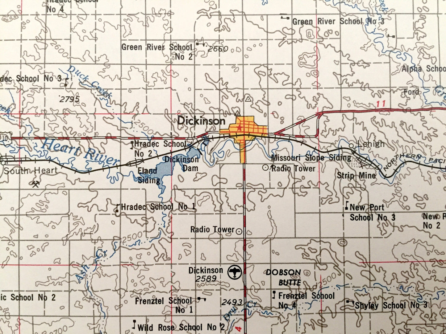 Antique Dickinson, North Dakota 1955 US Geological Survey Topographic Map – Belfield, Hebron, New England, Mott, Hettinger, Bowman, Beach