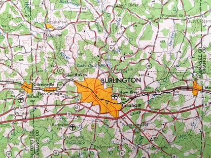 Antique Greensboro, North Carolina 1962 US Geological Survey Topographic Map – Virginia, Burlington, Durham, Reidsville Leaksville Graham NC