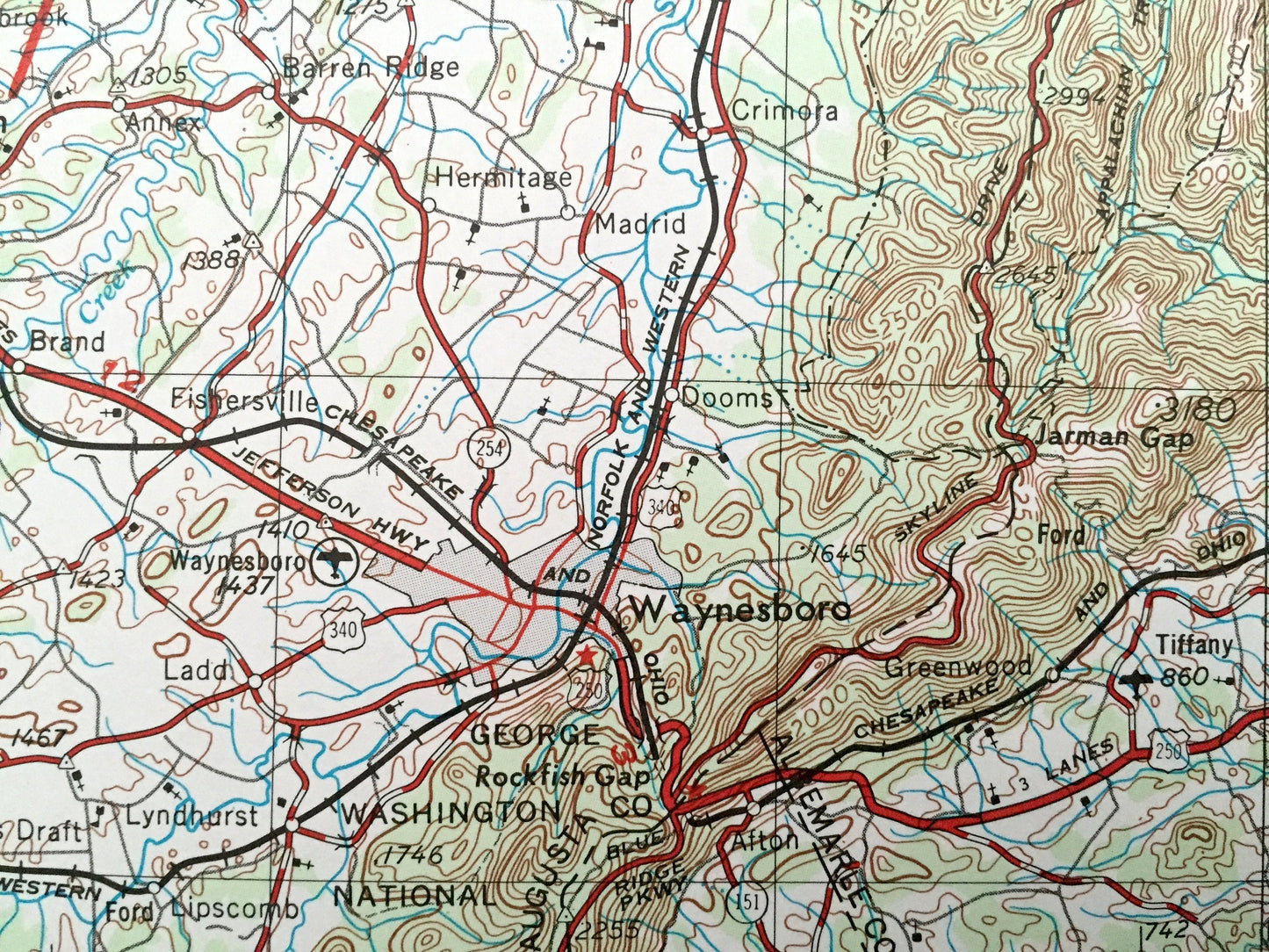 Antique Charlottesville, Virginia 1956 US Geological Survey Topographic Map – Waynesboro, Staunton, Harrisonburg, Shenandoah Luray Elkton VA