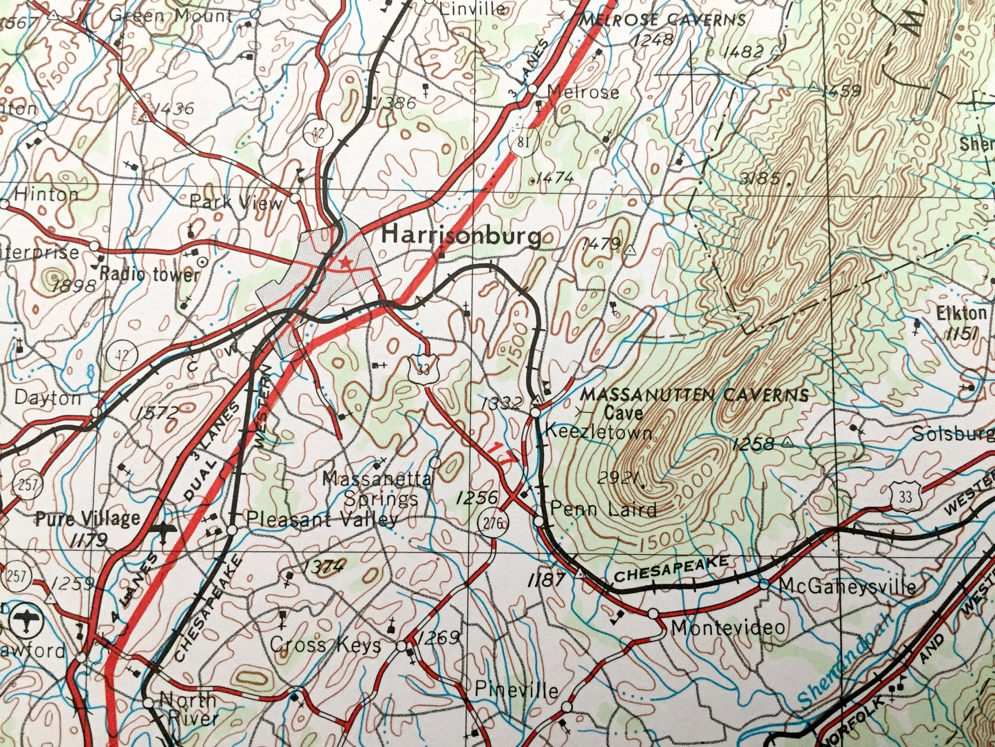 Antique Charlottesville, Virginia 1956 US Geological Survey Topographic Map – Waynesboro, Staunton, Harrisonburg, Shenandoah Luray Elkton VA