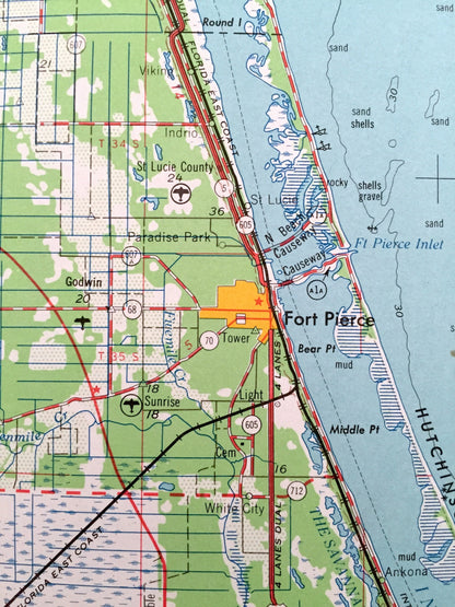 Antique Fort Pierce, Florida 1956 US Geological Survey Topographic Map – Vero Beach, Sebring, Arcadia, Stuart, Wauchula, Batow, Avon Park FL