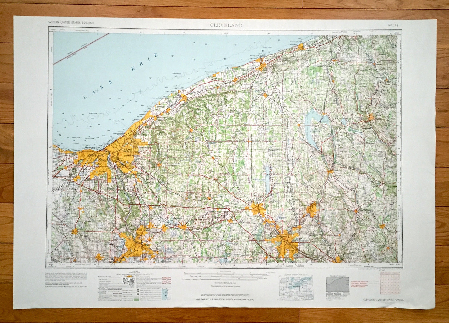 Antique Cleveland, Ohio 1962 US Geological Survey Topographic Map – Akron, Youngstown, Cuyahoga Falls, Lakewood New Castle Euclid Ontario OH