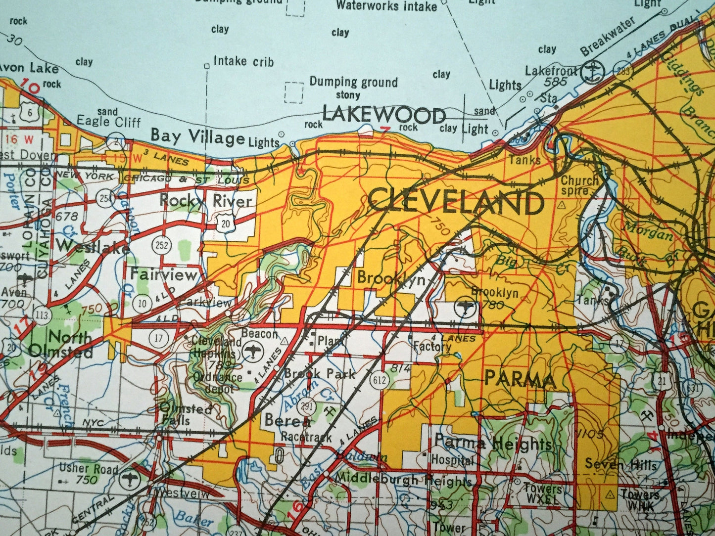 Antique Cleveland, Ohio 1962 US Geological Survey Topographic Map – Akron, Youngstown, Cuyahoga Falls, Lakewood New Castle Euclid Ontario OH