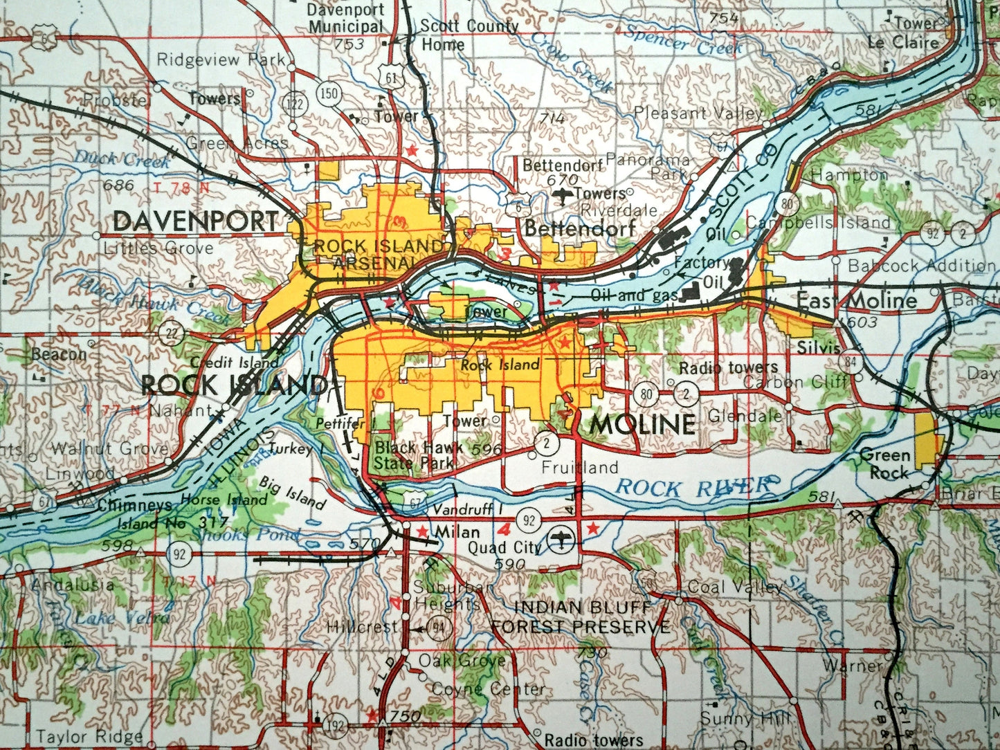 Antique Davenport, Iowa 1962 US Geological Survey Topographic Map – Cedar Rapids, Clinton, Bettendorf, Wapello, Muscatine, DeWitt, Tipton
