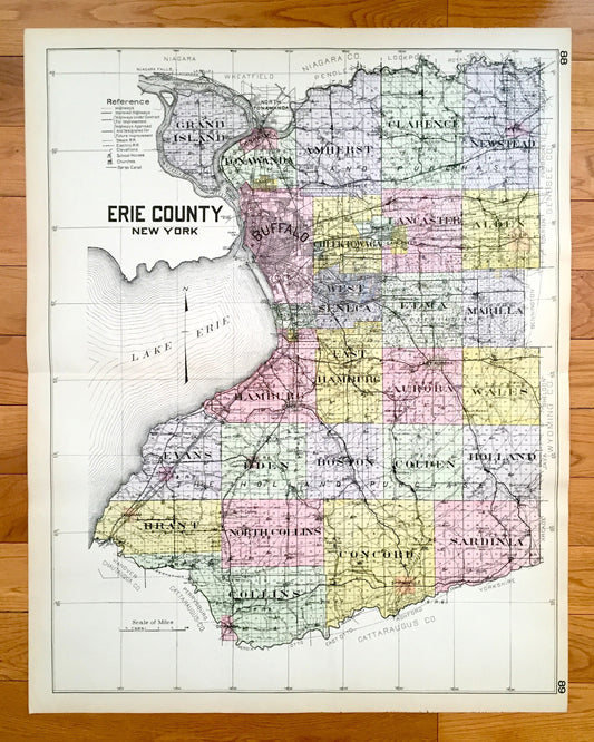 Antique Erie County, New York 1912 New Century Atlas Map – Buffalo, Cheektowaga, Seneca, Hamburg, Grand Island Aurora Evans Niagara Falls NY