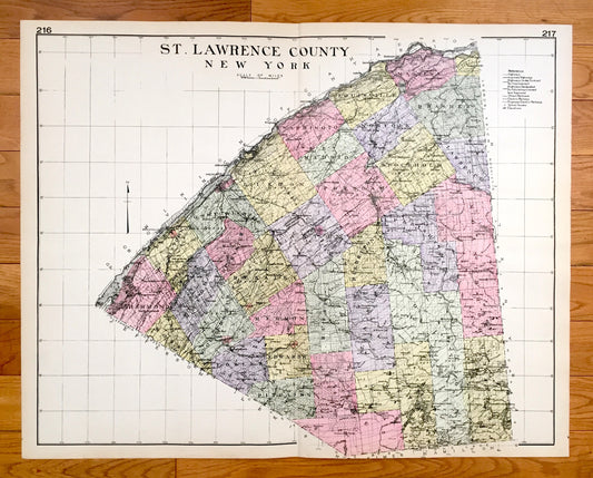 Antique St. Lawrence County, New York 1912 New Century Atlas Map – Canton, Potsdam, Ogdensburg, Morristown, Massena Cranberry Lake Madrid NY