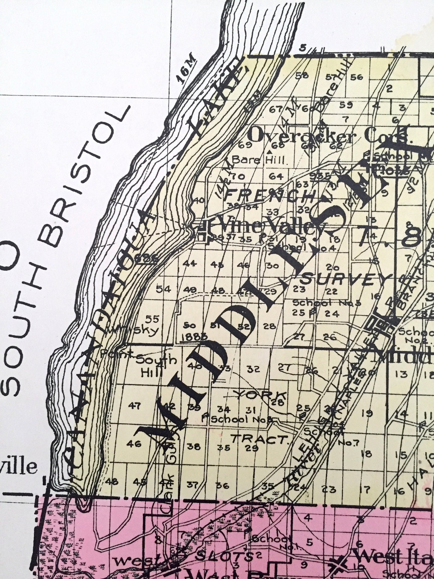 Antique Yates County, New York 1912 New Century Atlas Map – Penn Yan, Keuka Park, Dresden, Angus, Potter, Branchport, Dundee Italy Himrod NY
