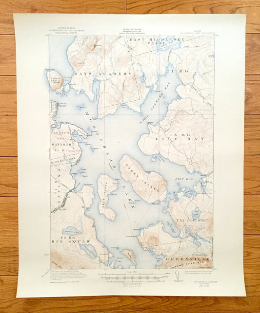Antique Moosehead Lake, Maine 1922 US Geological Survey Topographic Map – Greenville, Big Squaw, Mt Kineo, Somerset, Piscataquis County, ME