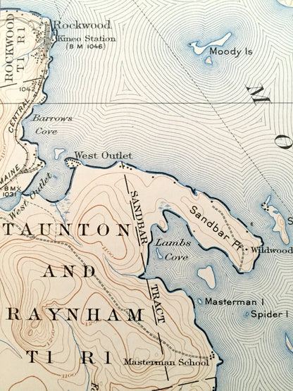 Antique Moosehead Lake, Maine 1922 US Geological Survey Topographic Map – Greenville, Big Squaw, Mt Kineo, Somerset, Piscataquis County, ME