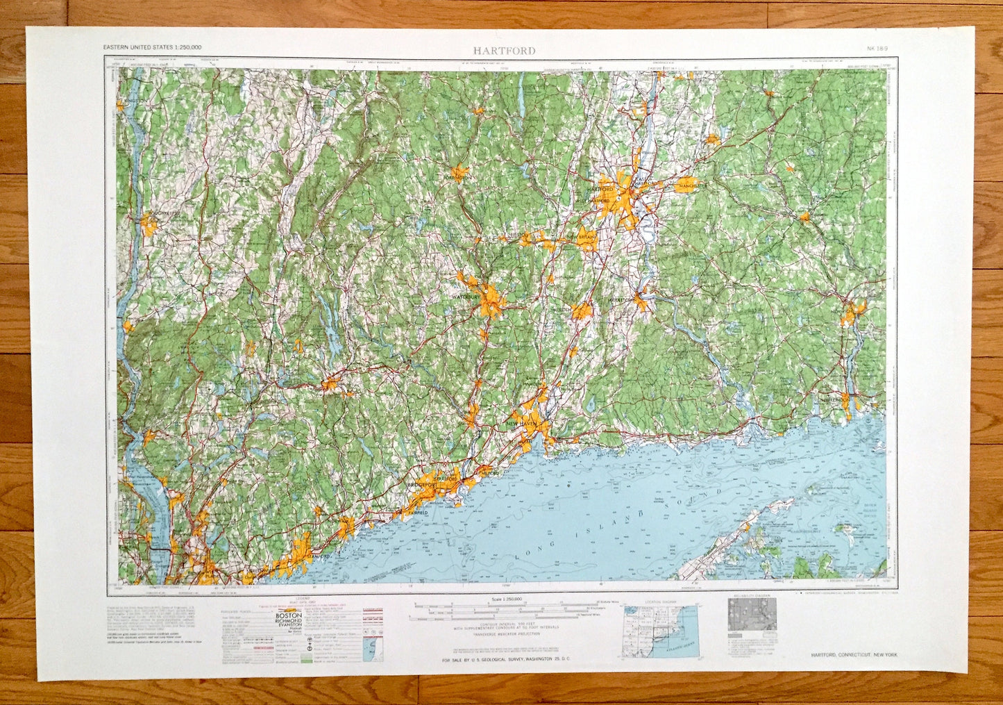 Antique Connecticut 1965 US Geological Survey Topographic Map – Hartford, Manchester, New Haven, New Britain, Bristol, Bridgeport, Norwich