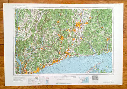 Antique Connecticut 1965 US Geological Survey Topographic Map – Hartford, Manchester, New Haven, New Britain, Bristol, Bridgeport, Norwich