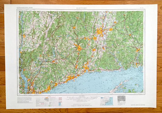 Antique Connecticut 1965 US Geological Survey Topographic Map – Hartford, Manchester, New Haven, New Britain, Bristol, Bridgeport, Norwich