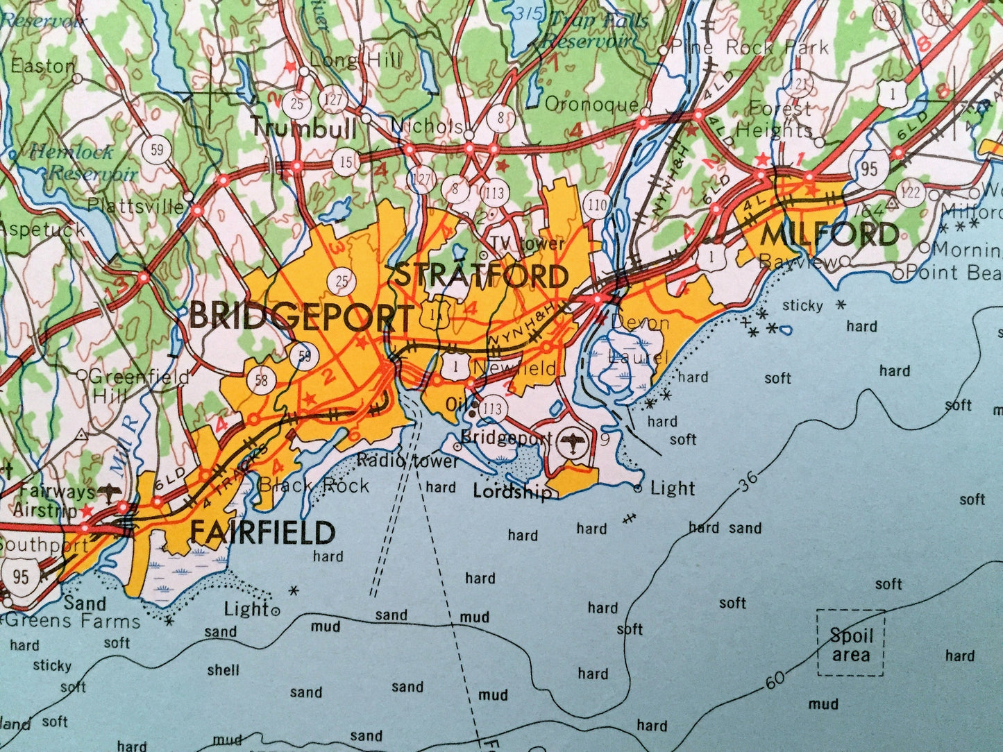 Antique Connecticut 1965 US Geological Survey Topographic Map – Hartford, Manchester, New Haven, New Britain, Bristol, Bridgeport, Norwich
