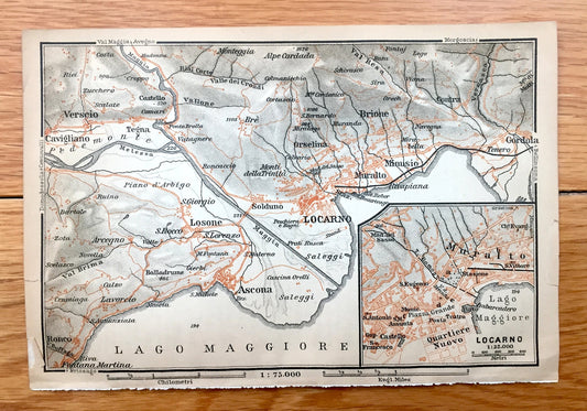 Antique 1904 Locarno, Switzerland Map from Baedekers Guide – Lago Maggiore, Alps, Losone, Ascona, Muralto, Gordola, Versico, Brione, Minusio