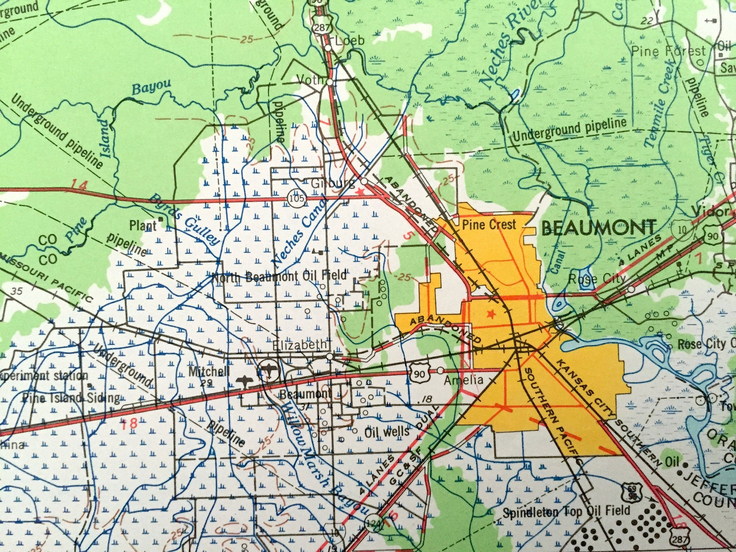 Antique Beaumont, Texas 1954 US Geological Survey Topographic Map – Livingston, Madisonville, Huntsville, Cleveland, Conroe, Silsbee, TX