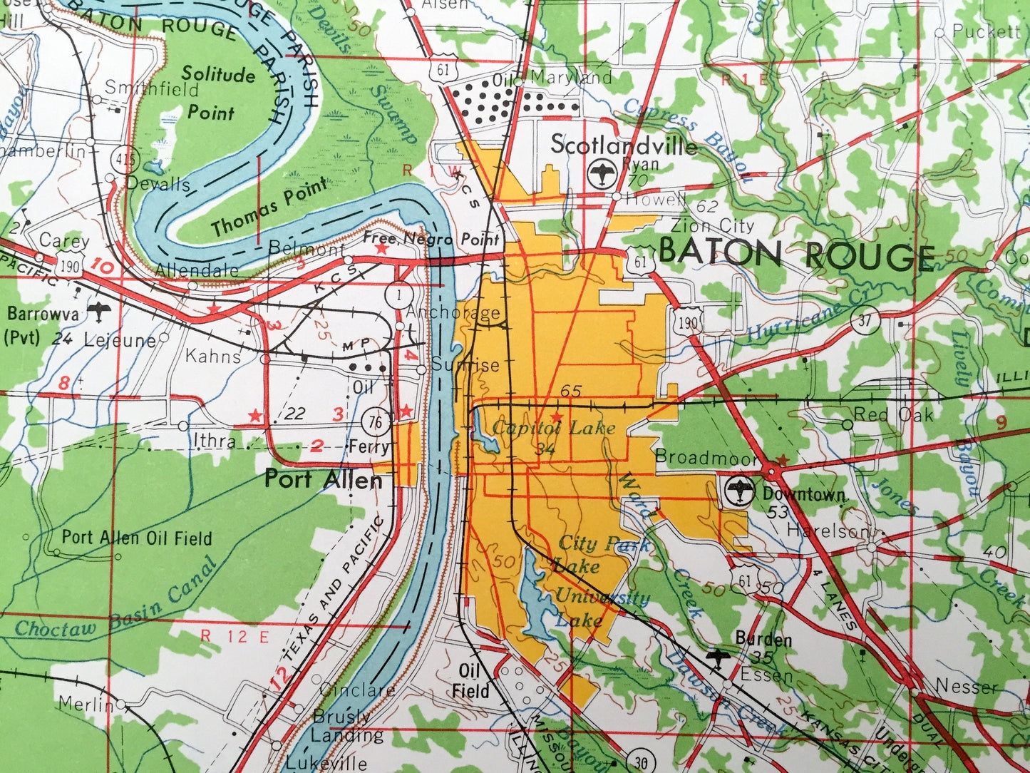 Antique Baton Rouge, Louisiana 1962 US Geological Survey Topographic Map – New Orleans, Lafayette, Port Allen, Donaldsonville, New Iberia LA