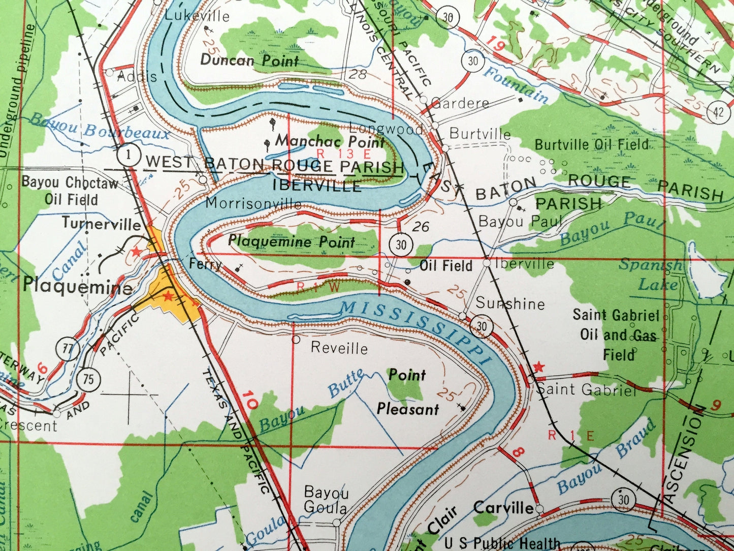 Antique Baton Rouge, Louisiana 1962 US Geological Survey Topographic Map – New Orleans, Lafayette, Port Allen, Donaldsonville, New Iberia LA