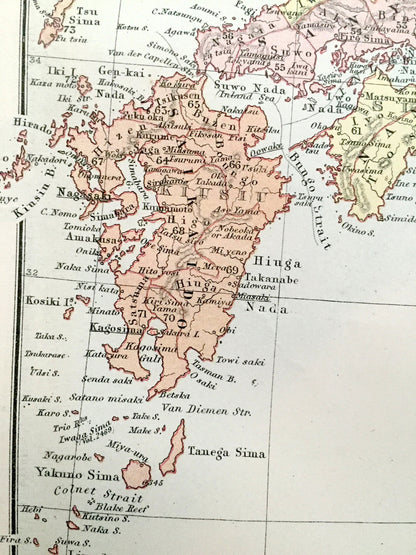 Antique 1888 Japan Map from A & C Black's World Atlas – Korea, Russia, Tokyo, Osaka, Kyoto, Yokohama, Nagoya, Sea of Japan, Gulf of Tartary