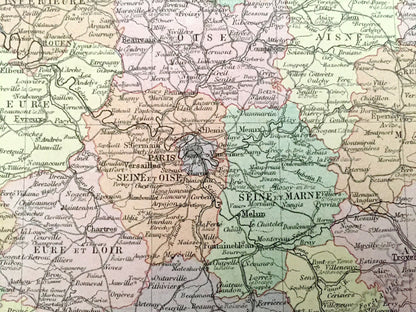 Antique 1888 France Map from A & C Black's World Atlas – Paris, Versailles, Rouen, Marseille, Nice, Lyon, Calais, Bay of Biscay, Seine River