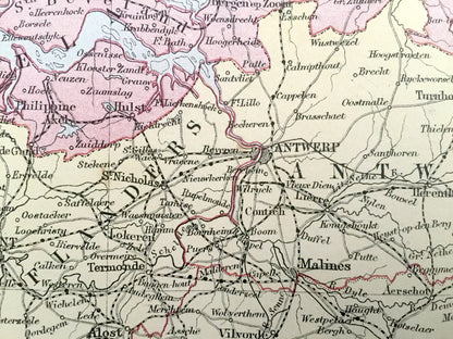 Antique 1888 Holland and Belgium Map from A & C Black's World Atlas – France, Germany, Amsterdam, Brussels, Ghent, North Sea, Moselle River