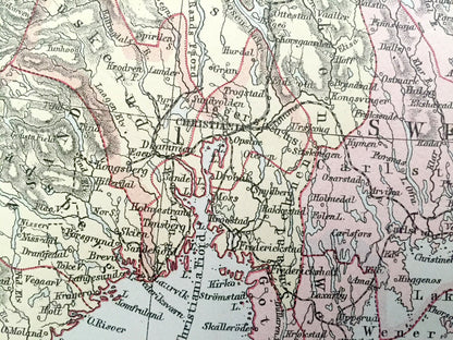 Antique 1888 Scandinavia Map from A & C Black's World Atlas – Norway, Sweden, Denmark, Finland, Russia, Stockholm, Bergen, Oulu, Baltic Sea