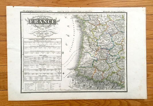 Antique 1831 Ancient France Map from JG Heck's Atlas Géographique, Astronomique et Historique – Bordeaux, Toulouse, Poitiers, Bayonne, Tulle
