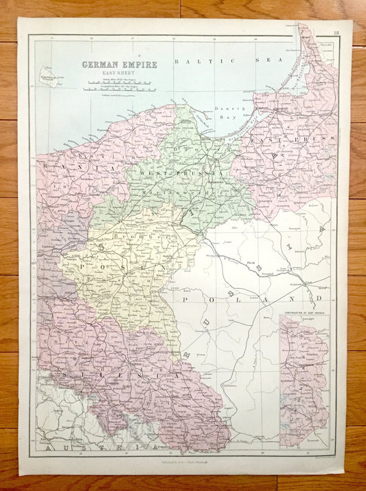 Antique 1888 German Empire Map from A & C Black's World Atlas – Poland, Russia, Lithuania, Warsaw, Wrocław, Gdańsk, Kaliningrad, Baltic Sea