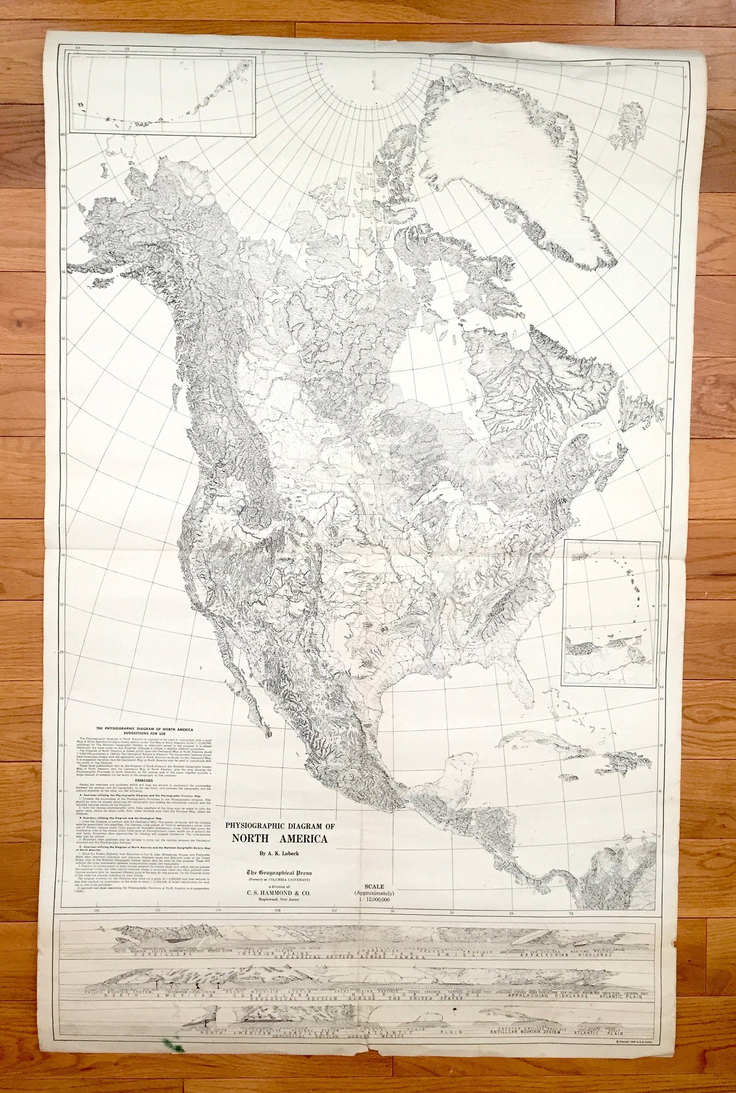 Antique 1948 Physiographic Diagram and Provinces of North America – United States, Canada, Mexico, West Indies, Greenland, Antilles