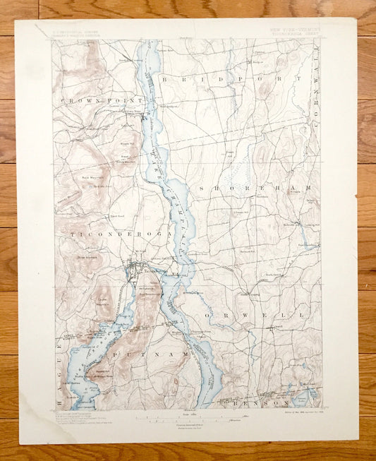 Antique Ticonderoga, New York 1896 US Geological Survey Topographic Map – Lake Champlain, George, Crown Point, Putnam, Orwell, Vermont NY VT