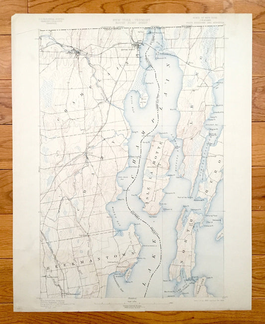 Antique Rouses Point, New York 1895 US Geological Survey Topographic Map – Chazy, Alburg, North Hero Island, Vermont, Lake Champlain, NY VT