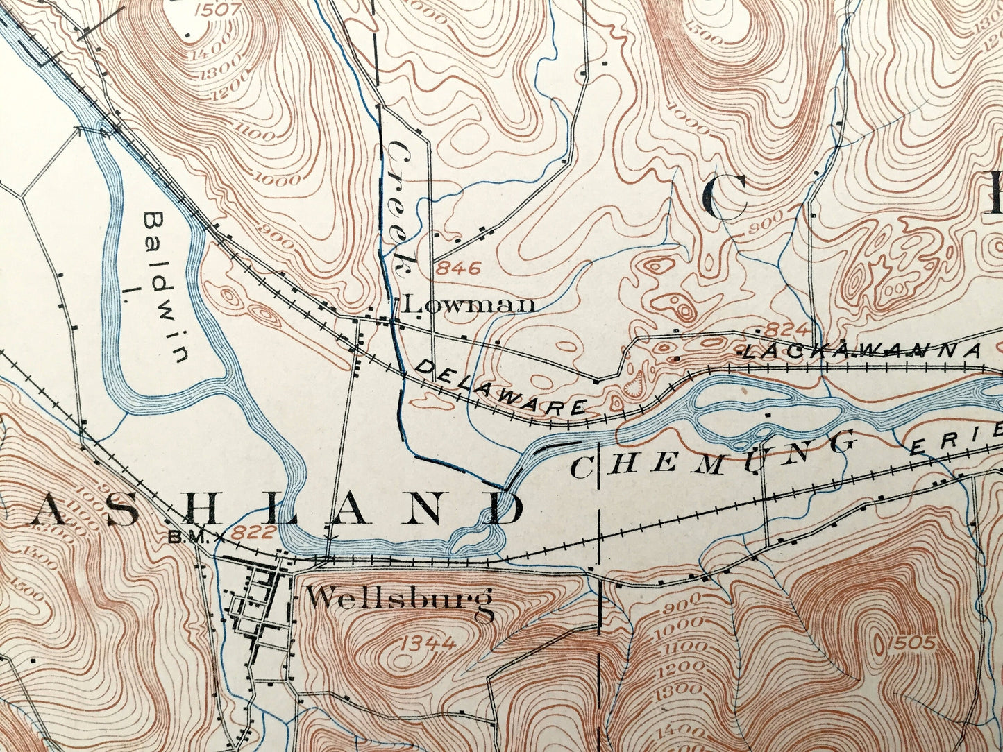 Antique Waverly, New York 1902 US Geological Survey Topographic Map – Wellsburg, Lockwood, Spencer, Tioga, Chemung, Schuyler County, Barton