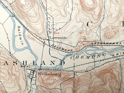 Antique Waverly, New York 1902 US Geological Survey Topographic Map – Wellsburg, Lockwood, Spencer, Tioga, Chemung, Schuyler County, Barton