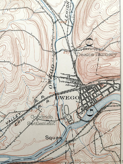 Antique Owego, New York 1903 US Geological Survey Topographic Map – Tioga County, Spencer, Candor, Catatonk, Barton, Nichols, Susquehanna NY