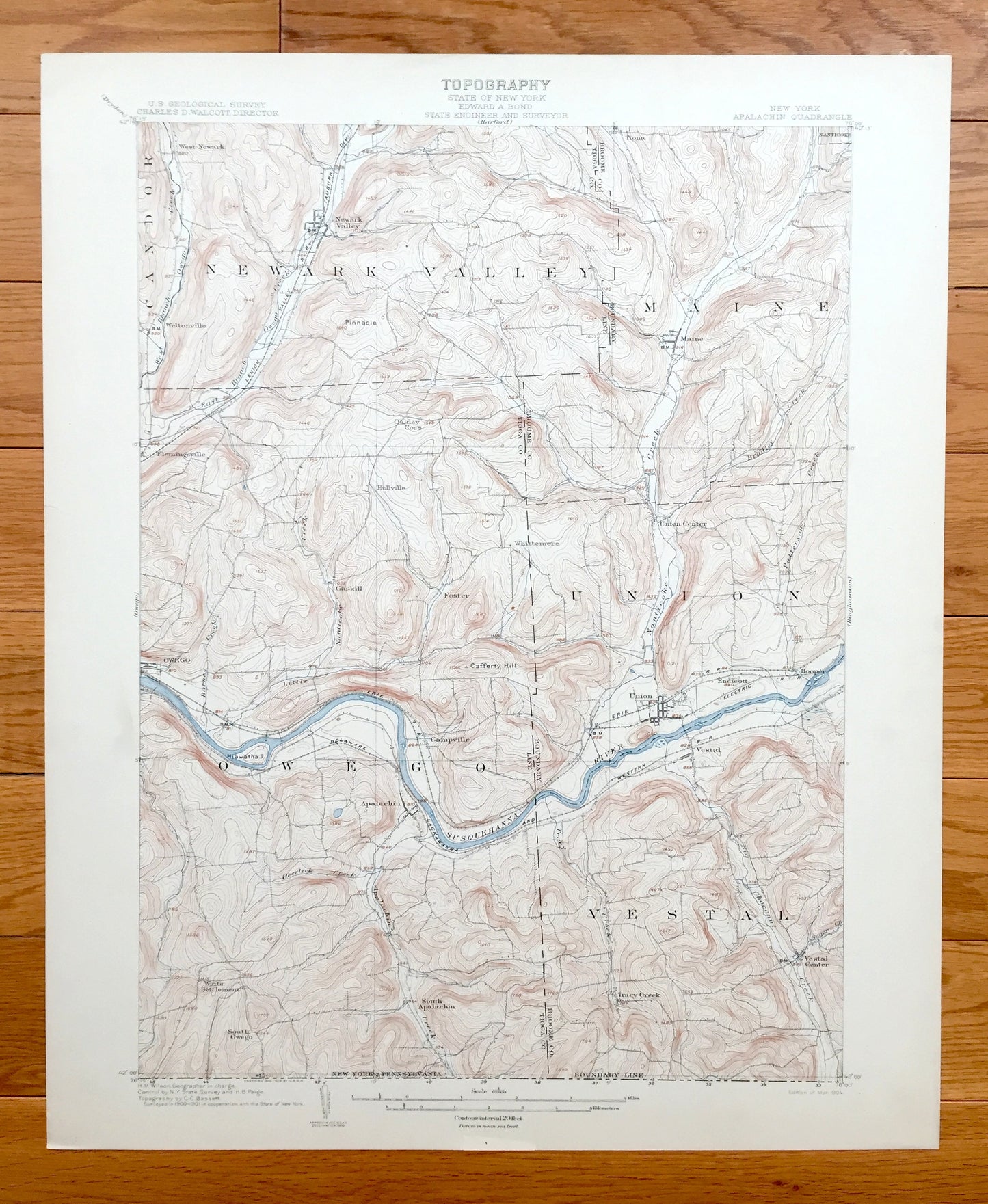Antique Apalachin, New York 1904 US Geological Survey Topographic Map – Vestal, Endicott, Union, Owego, Maine, Newark, Tioga, Broome County