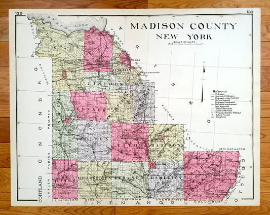Antique Madison County, New York 1912 New Century Atlas Map – Oneida, Bridgeport, Cazenova, Chittenango, Canastota, Hamilton, Brookfield, NY