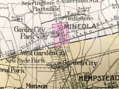 Antique Nassau County, New York 1912 New Century Atlas Map – Oyster Bay, Hempstead, Mineola, Freeport, Farmingdale, Long Beach, Rockaway, NY