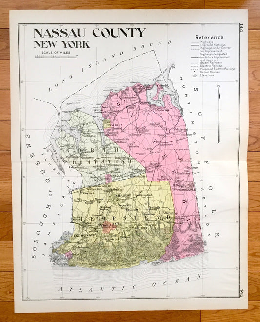Antique Nassau County, New York 1912 New Century Atlas Map – Oyster Bay, Hempstead, Mineola, Freeport, Farmingdale, Long Beach, Rockaway, NY