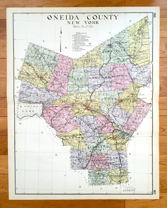 Antique Oneida County, New York 1912 New Century Atlas Map – Rome, Utica, Clinton, Camden, Boonville, Forestport, Oriskany Falls, Vienna, NY