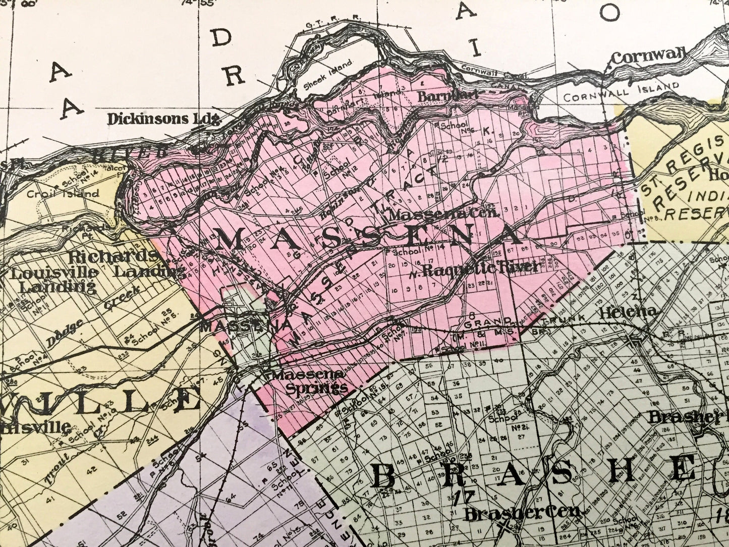 Antique St. Lawrence County, New York 1912 New Century Atlas Map – Canton, Potsdam, Ogdensburg, Morristown, Massena Cranberry Lake Madrid NY