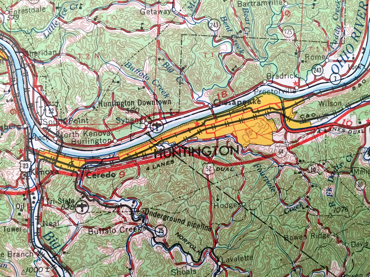Antique Huntington, West Virginia 1957 US Geological Survey Topographic Map – Barboursville, Kenova, Cerede, Milton, Hurricane Chesapeake WV