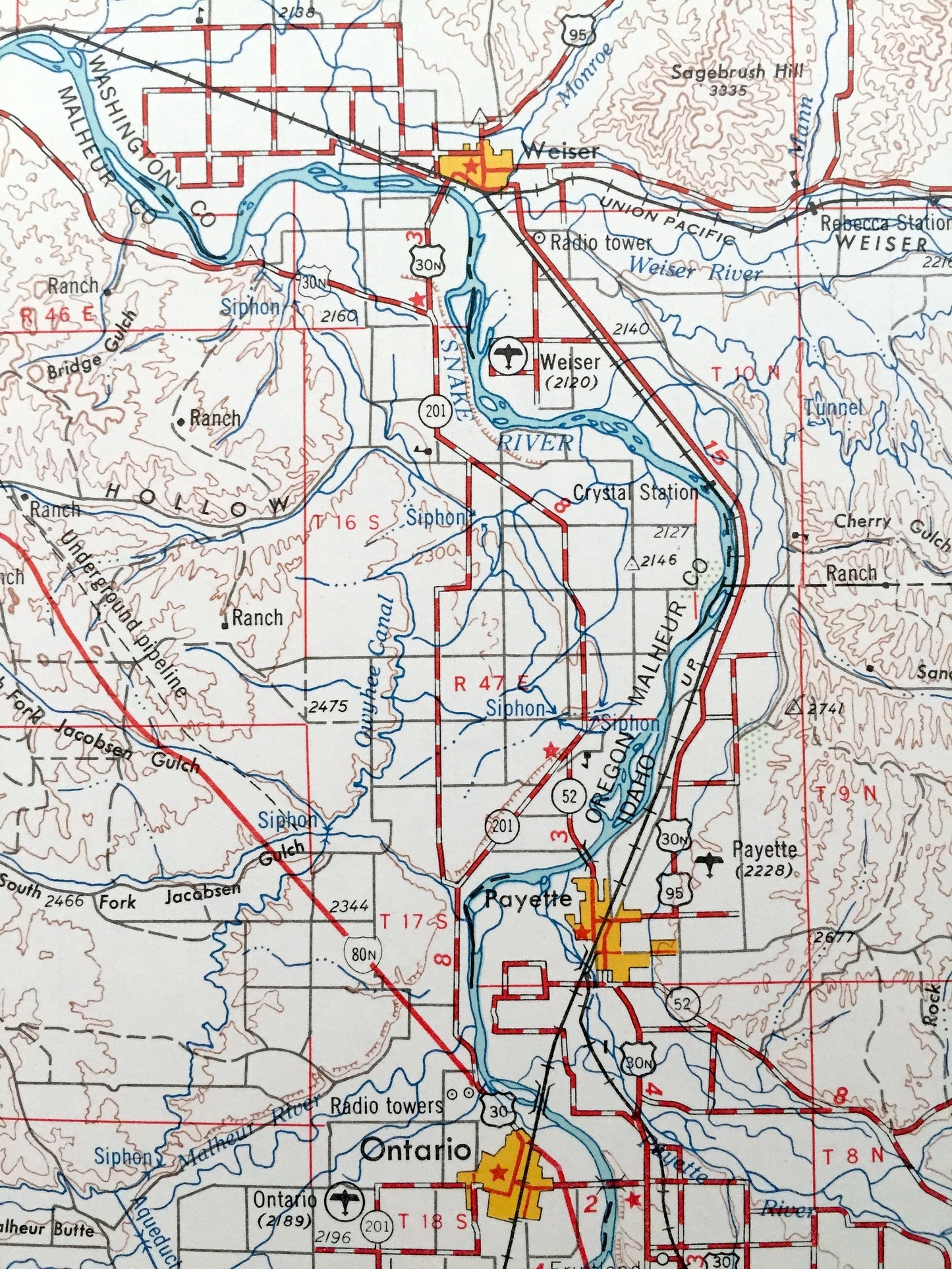 Antique Baker, Oregon 1955 US Geological Survey Topographic Map – Ontario, Wingville, Brogan, Whitman National Forest, Snake River, Idaho OR