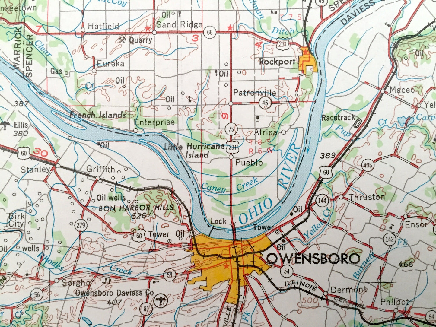 Antique Evansville, Indiana 1957 US Geological Survey Topographic Map – Howell, Mount Vernon, Newburgh, Rockport, Tell City, Cannelton, IN