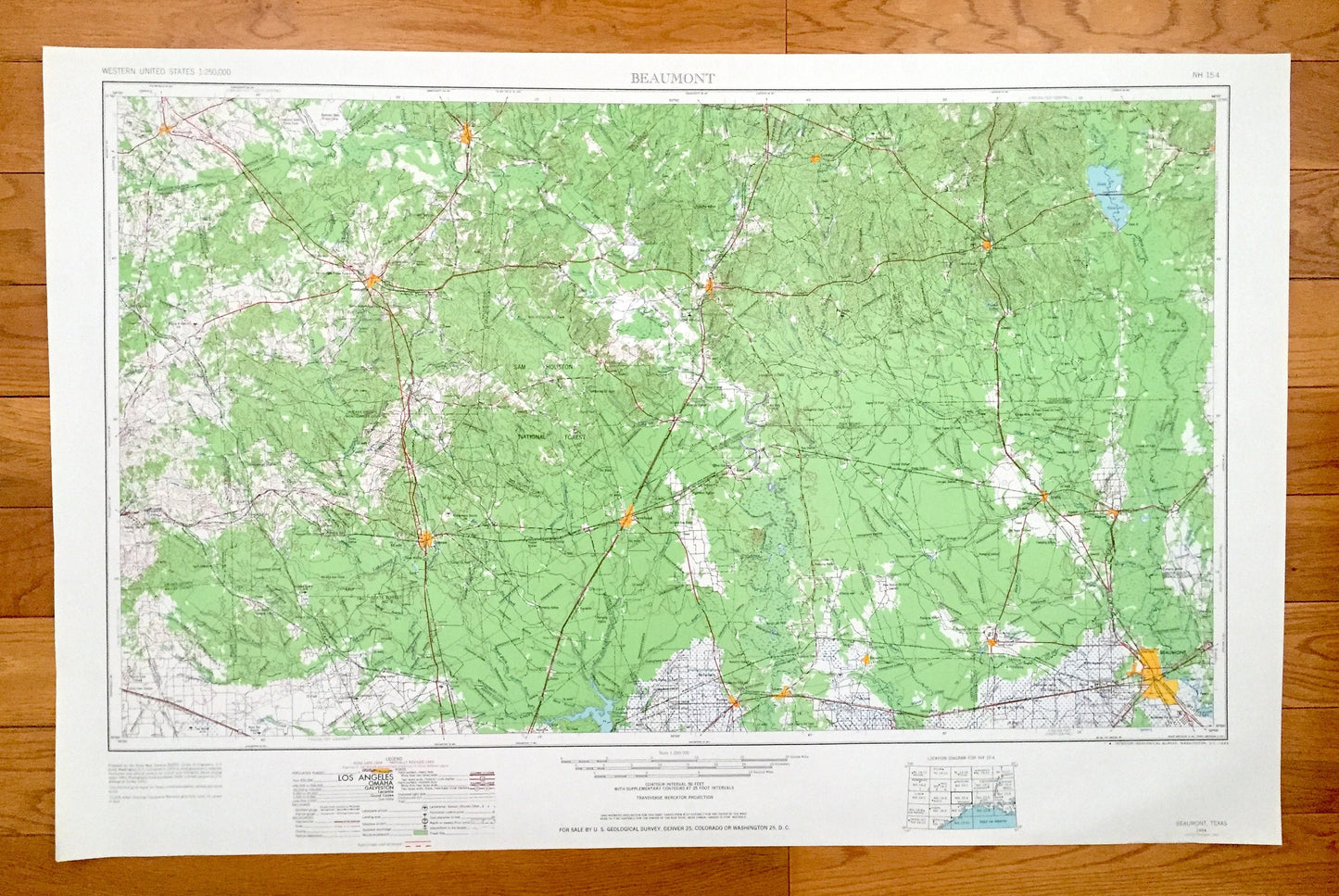 Antique Beaumont, Texas 1954 US Geological Survey Topographic Map – Livingston, Madisonville, Huntsville, Cleveland, Conroe, Silsbee, TX