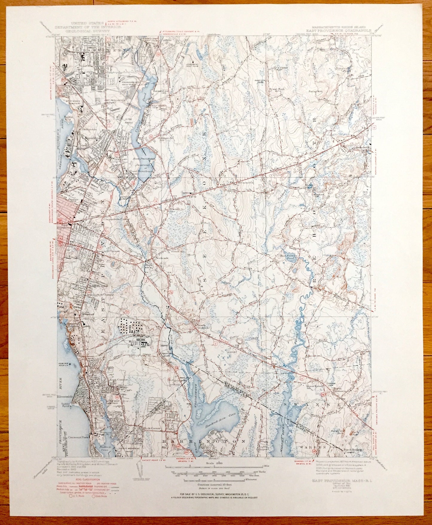 Antique Providence, Rhode Island 1941 US Geological Survey Topographic Map – Pawtucket, Barrington, Seekonk, Rehoboth, Massachusetts, RI MA