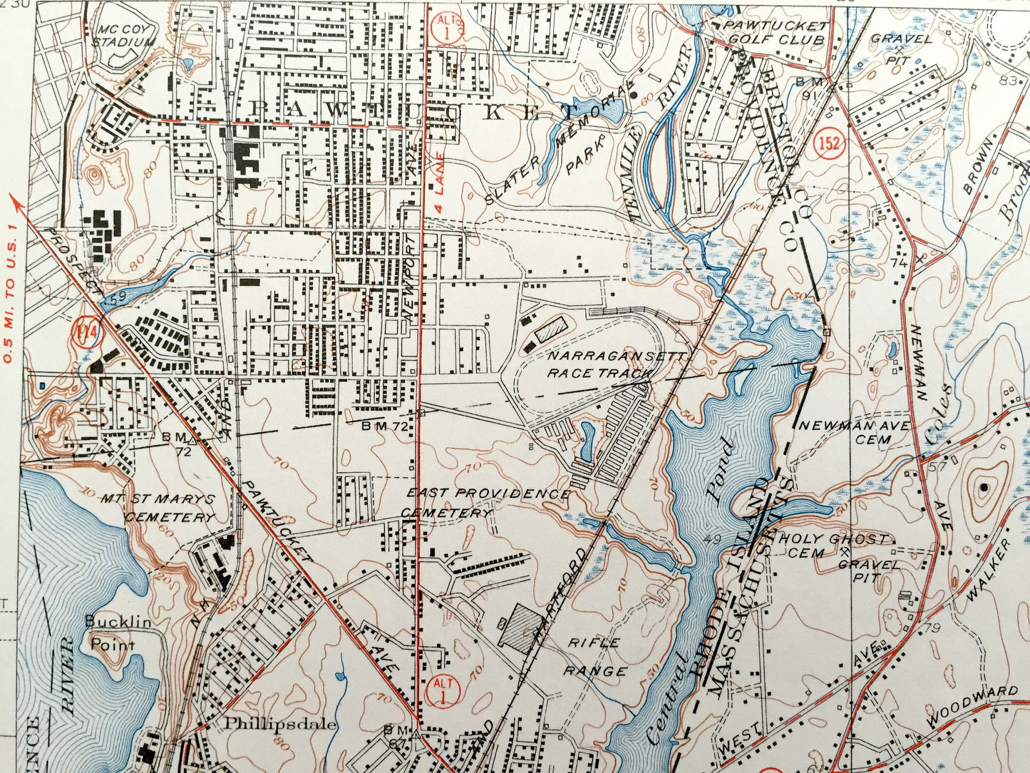 Antique Providence, Rhode Island 1941 US Geological Survey Topographic Map – Pawtucket, Barrington, Seekonk, Rehoboth, Massachusetts, RI MA