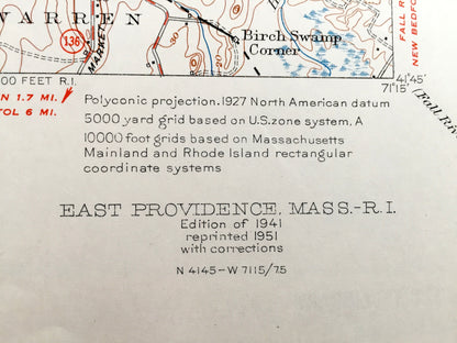 Antique Providence, Rhode Island 1941 US Geological Survey Topographic Map – Pawtucket, Barrington, Seekonk, Rehoboth, Massachusetts, RI MA
