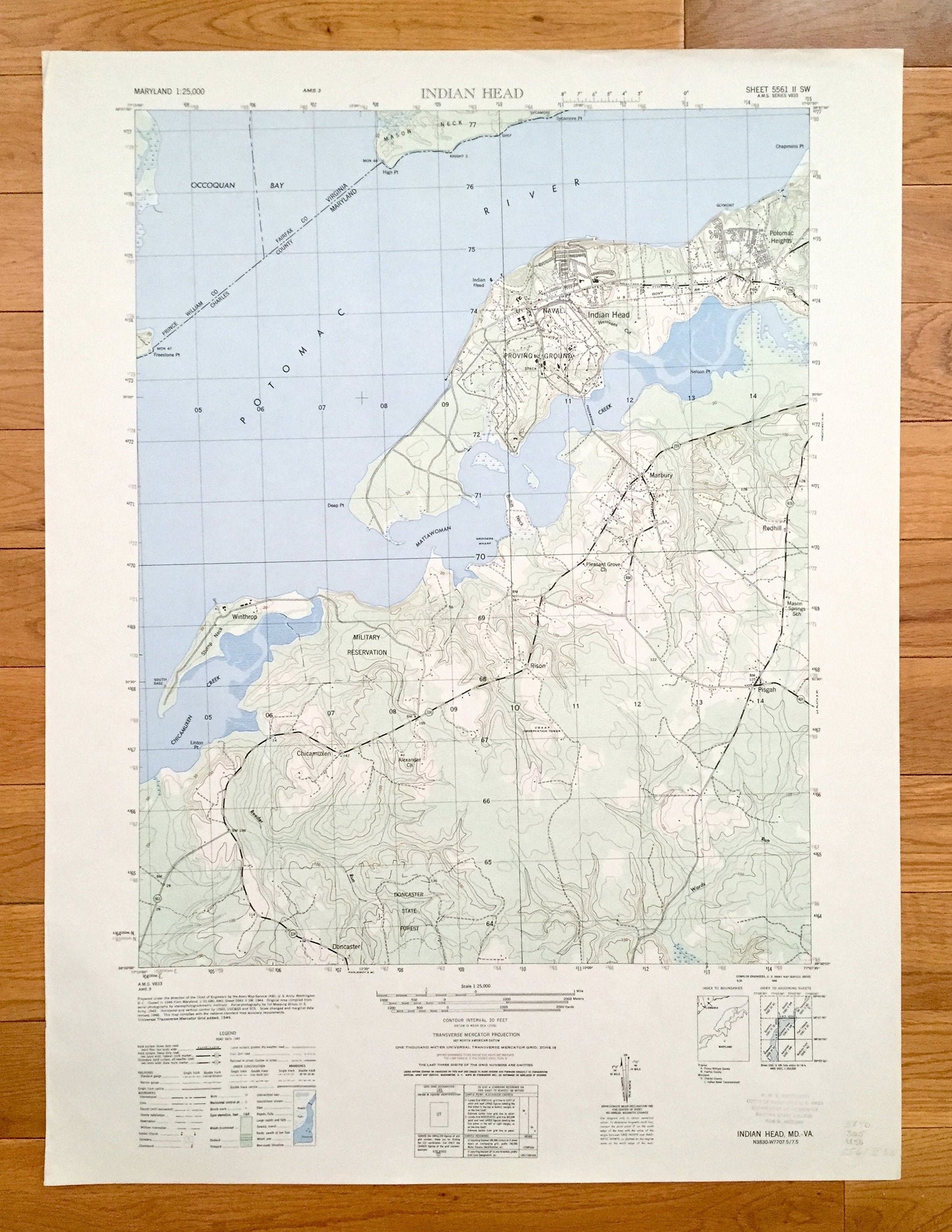 Antique Indian Head, Maryland & VA 1949 US Geological Survey Topographic Map – Charles County, Potomac Heights, Marbury, Glymont, Doncaster