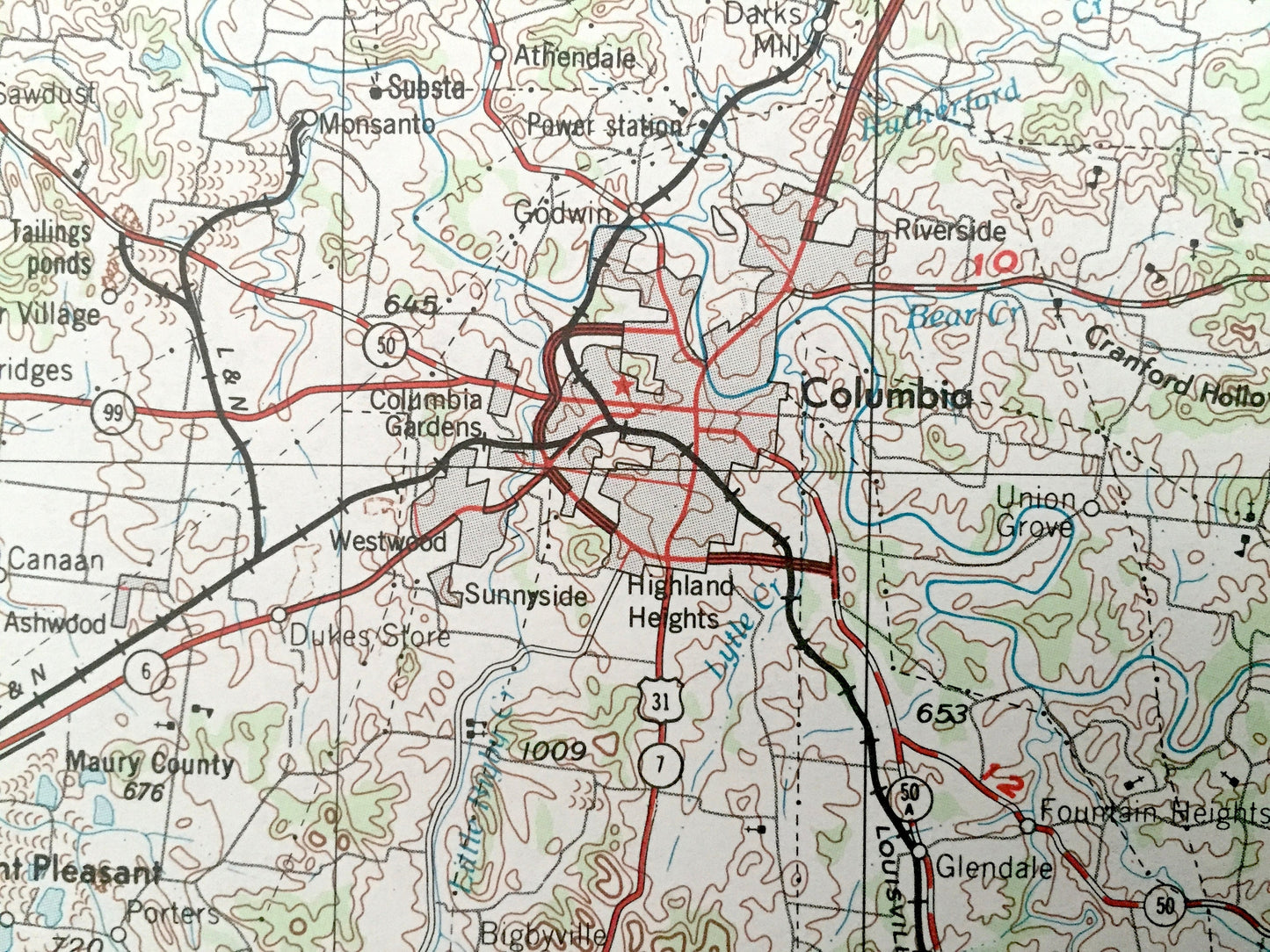 Antique Columbia, Tennessee 1956 US Geological Survey Topographic Map – Lawrenceburg, Fayetteville, Tullahoma, Shelbyville, Murfreesboro TN