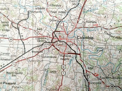 Antique Columbia, Tennessee 1956 US Geological Survey Topographic Map – Lawrenceburg, Fayetteville, Tullahoma, Shelbyville, Murfreesboro TN